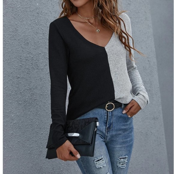 Tops - Two Tone V Neck Tee BLK